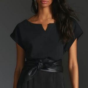 Anthropologie Short Sleeve Oversized Top Black With Faux Leather Tie Belt Size S